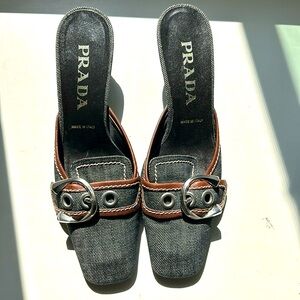 Denim Prada slip on with leather buckle